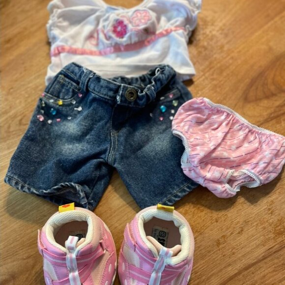 Build a Bear Outfit Denim Rhine Stone Jeans White Flower Top  Pink Underwear - Picture 1 of 8
